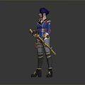 Man With Blue Hair Wearing Blue Outfit Holding Golden Rifle Against Grey Background