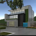 Modern Detached Villa Exterior Design With Large Glass Windows Greenery Lawn And Driveway