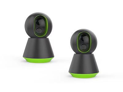 Two Black Projection Surveillance Cameras with Green Base Modern Design for Home Security 3d model