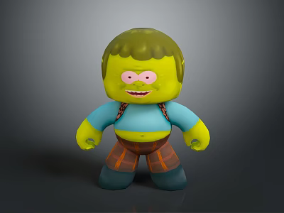 Cute Green Cartoon Stuffed Toy Wearing Blue Shirt Brown Plaid Shorts Red Suspenders Happy Expression 3d model