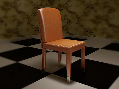 Stylish Orange Leather Dining Chair On Black And White Checkered Floor With Textured Wall 3d model