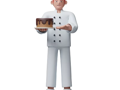 Man In White Chef Uniform Holding A Delicious Chocolate Layered Cake 3d model