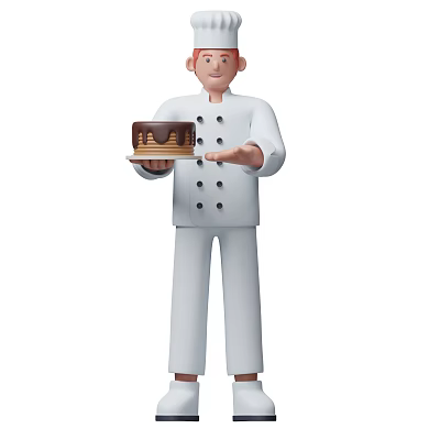 Man In White Chef Uniform Holding A Delicious Chocolate Layered Cake 3d model