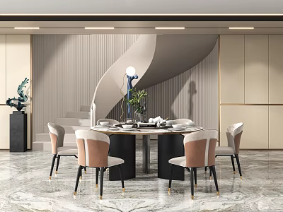 Elegant Modern Restaurant Interior With Round Dining Table Upholstered Chairs And Ambient Lighting 3d model