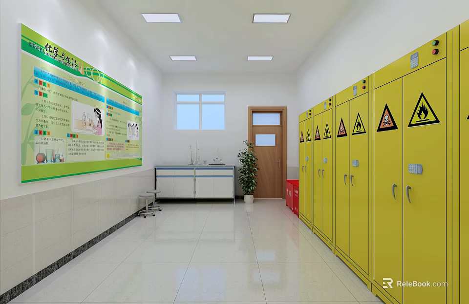 Chemical Laboratory With Yellow Lockers Safety Signs Green Bulletin Board And White Workbench 3d model 