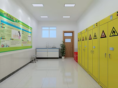 Chemical Laboratory With Yellow Lockers Safety Signs Green Bulletin Board And White Workbench 3d model