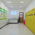 Chemical Laboratory With Yellow Lockers Safety Signs Green Bulletin Board And White Workbench