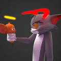 Two Gray Cat Characters With Red Horns And Halos Holding Small Mice In 3D Design