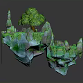 3D Fantasy Landscape With Floating Island Green Trees Blue Water And Rocks