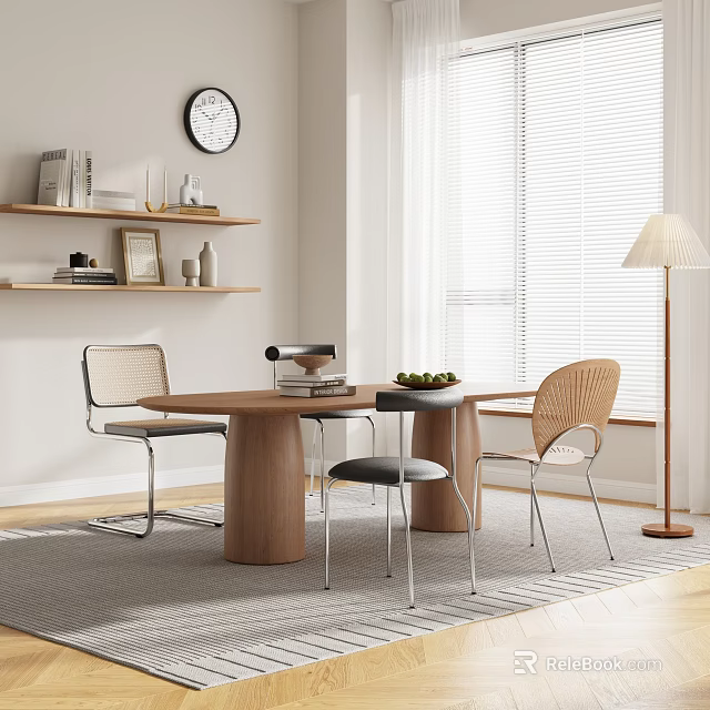 Minimalist Wooden Dining Table Set With Shelf Decor Wall Clock Floor Lamp And Window Blinds 3d model 