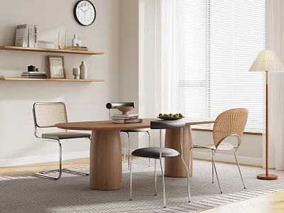 Minimalist Wooden Dining Table Set With Shelf Decor Wall Clock Floor Lamp And Window Blinds 3d model