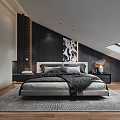 Modern Bedroom Interior With Sloped Ceiling Skylight Large Bed Nightstands And Decorative Painting