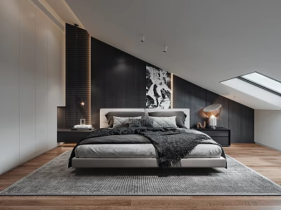 Modern Bedroom Interior With Sloped Ceiling Skylight Large Bed Nightstands And Decorative Painting 3d model