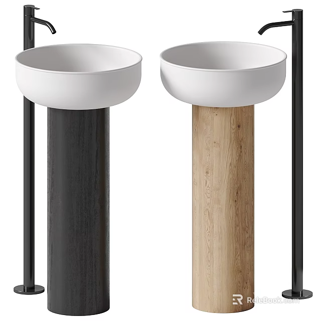 Stylish Contemporary Pedestal Washbasins With White Bowl And Black Wooden Pedestals 3d model 