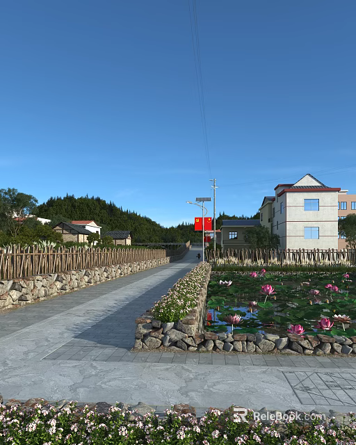 Road Facilities With Paved Path Stone Wall Fence Lotus Pond And Houses Under Blue Sky 3d model 