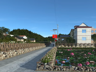 Road Facilities With Paved Path Stone Wall Fence Lotus Pond And Houses Under Blue Sky 3d model