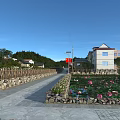 Road Facilities With Paved Path Stone Wall Fence Lotus Pond And Houses Under Blue Sky