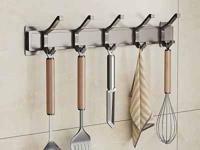 Wall Mounted Stainless Steel Kitchen Hook Rack With Spatula Whisk And Towel 3d model