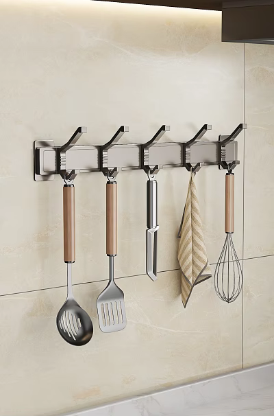 Wall Mounted Stainless Steel Kitchen Hook Rack With Spatula Whisk And Towel 3d model