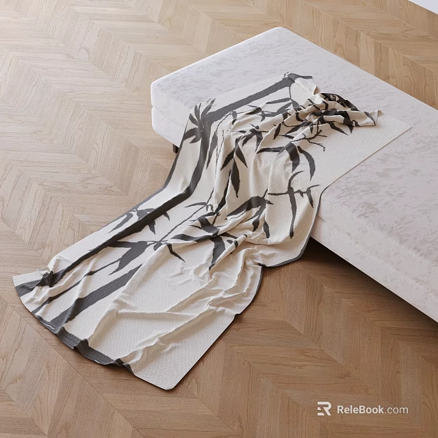 Blanket With Bamboo Pattern On Sofa Over Herringbone Wood Floor 3d model 
