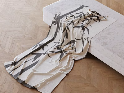 Blanket With Bamboo Pattern On Sofa Over Herringbone Wood Floor 3d model