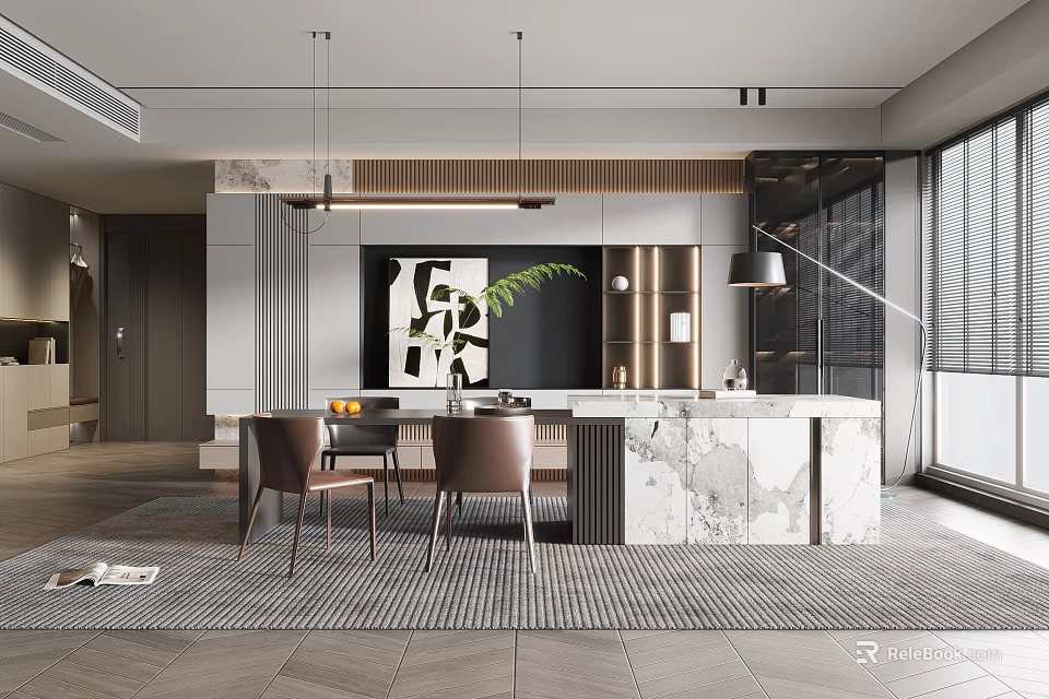 Modern Restaurant Interior With Marble Counter Dining Table Chairs And Pendant Lights Artwork 3d model