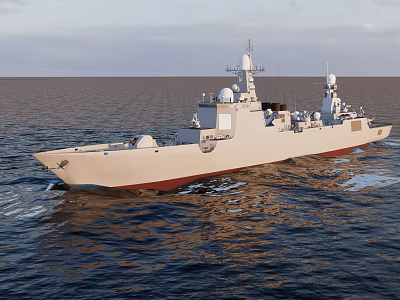 Modern Naval Warship Sailing On Open Ocean With Clear Sky Background 3d model