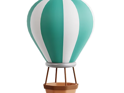 Teal And White Striped Hot Air Balloon Decorative Piece With Wooden Basket Stand 3d model