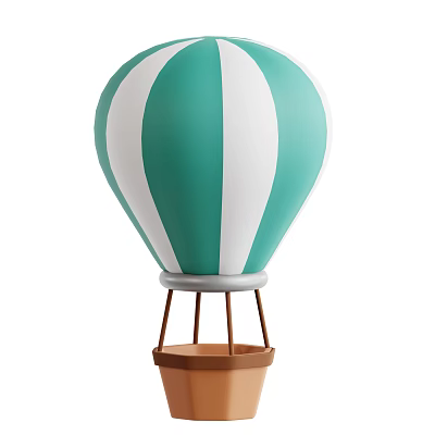 Teal And White Striped Hot Air Balloon Decorative Piece With Wooden Basket Stand 3d model