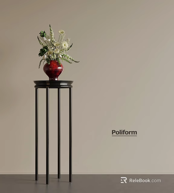 Red Vase With White And Green Flowers On Black Pedestal Against Light Colored Wall Poliform 3d model 