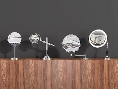 Round Vanity Mirrors With Metal Stands On Wooden Countertop Against Dark Wall 3d model