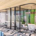 Modern Reception Area Interior With Green Floral Wall Blue Sofas And Armchairs