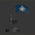 Armored Game Character with Cloak and Blue Flag Featuring Emblem Stars on Skull Decorated Base