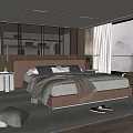 Modern Bedroom Design With Upholstered Headboard Large Window Mountain View Area Rug And Accent Chair