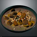 Creamy Pink Soup in Green Bowl with Meat Potato Chunks Fresh Vegetables and Herbs
