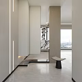 Modern Entryway Hallway Design With Wooden Partition Marble Accent And Slim Bench Lighting