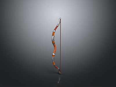 Traditional Handcrafted Bow Weapon With Red Orange Decorative Stripes And String 3d model