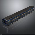 Modern Silver Blue Train with Sleek Design and Reflective Surface Windows