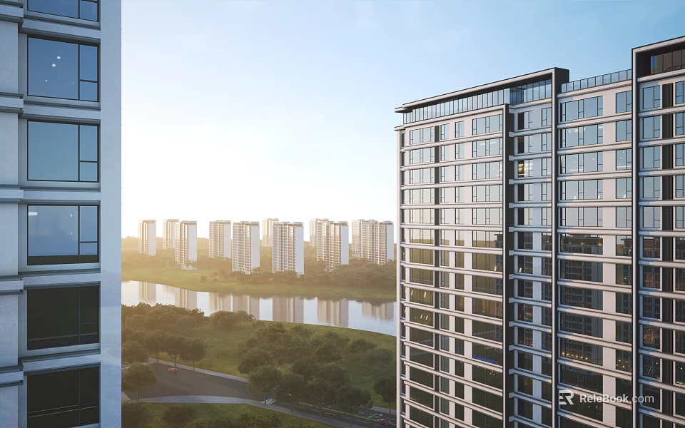 Modern High Rise Residential Buildings With Sunlit River View And Lush Green Surroundings 3d model 