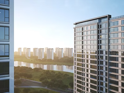 Modern High Rise Residential Buildings With Sunlit River View And Lush Green Surroundings 3d model