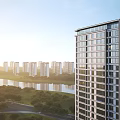 Modern High Rise Residential Buildings With Sunlit River View And Lush Green Surroundings