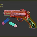 Red Handgun With Black Components And Red Green Bullet Shells On Shiny Surface 3d model