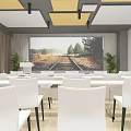 Spacious Conference Room With White Chairs Geometric Wall Design And Ceiling Panels
