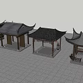 Chinese Style Landscape Pavilions With Traditional Curved Roofs On Paved Plaza And Modern Buildings