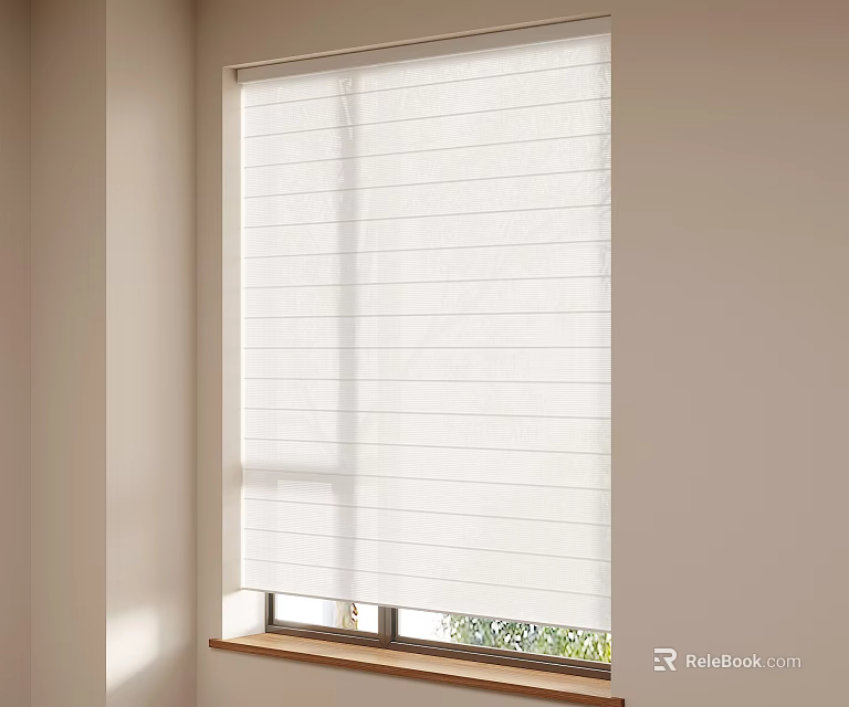 White Window Blinds On Window With Light Colored Walls Wooden Windowsill And Green Plants Outside 3d model 