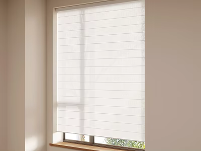 White Window Blinds On Window With Light Colored Walls Wooden Windowsill And Green Plants Outside 3d model