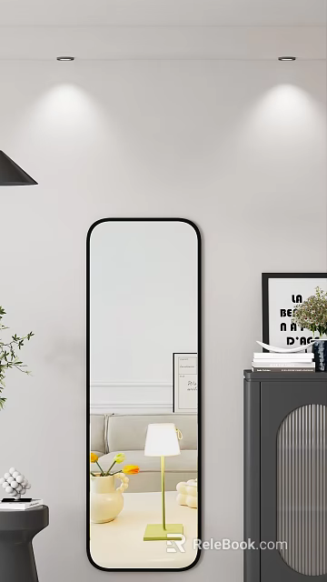 Living Room With Black Framed Mirror Dark Cabinet Books Vase Green Plant And Wall Art 3d model 