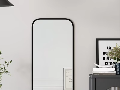Living Room With Black Framed Mirror Dark Cabinet Books Vase Green Plant And Wall Art 3d model