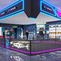 Futuristic Cyber Space Exhibition Space With Neon Lights Display Screens And Visitors Exploring