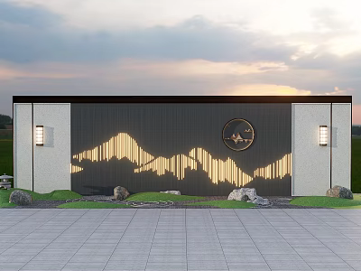 Modern Outdoor Landscape Wall Featuring Mountain Pattern Circular Decoration And Lighting 3d model